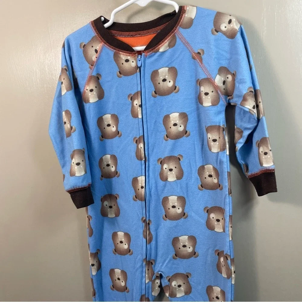 Footed Pajamas Blue Brown Bear Print Zip Up One Piece‎ Sleepwear